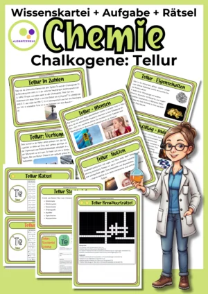 Deckblatt der Tellur-Wissenskartei mit Steckbrief und Rätseln zur 6. Hauptgruppe im Chemieunterricht