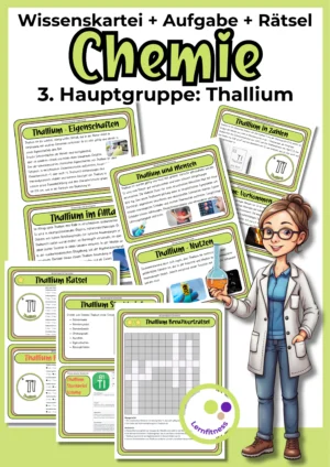 Deckblatt der Thallium-Wissenskartei mit Karten, Steckbrief und Rätseln zur 3. Hauptgruppe im Chemieunterricht