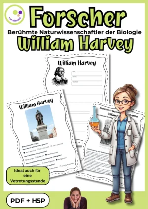 Titelblatt des Forschermaterials über William Harvey und den Blutkreislauf mit Steckbrief und Quiz