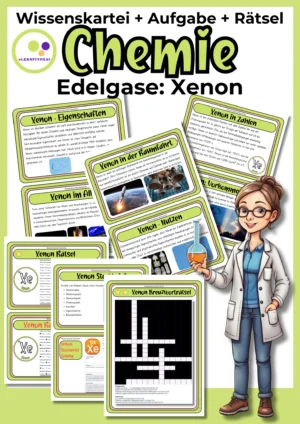 Deckblatt der Xenon-Wissenskartei mit Steckbrief und Rätseln zur 8. Hauptgruppe im Chemieunterricht