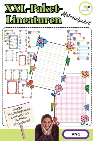 Titelbild des XXL-Pakets mit blumigen Retro-Schmuckblättern für Mathe, Sprache, Sekundarstufe, Musik und Blanko-Gestaltung