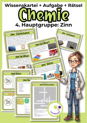 Deckblatt der Zinn-Wissenskartei mit Karten, Steckbrief und Rätseln zur 4. Hauptgruppe im Chemieunterricht