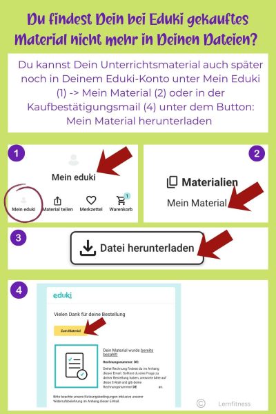 Eduki Materialien wiederfinden – Anleitung für spätere Downloads Anleitung: Eduki Materialien wiederfinden – gekaufte Dateien im Eduki-Konto und über die Kaufbestätigung herunterladen