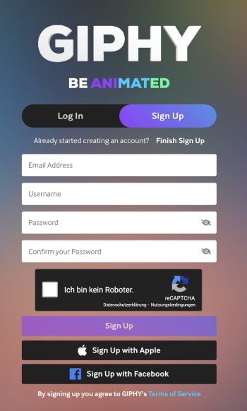 Giphy Account erstellen - Log in bei Giphy