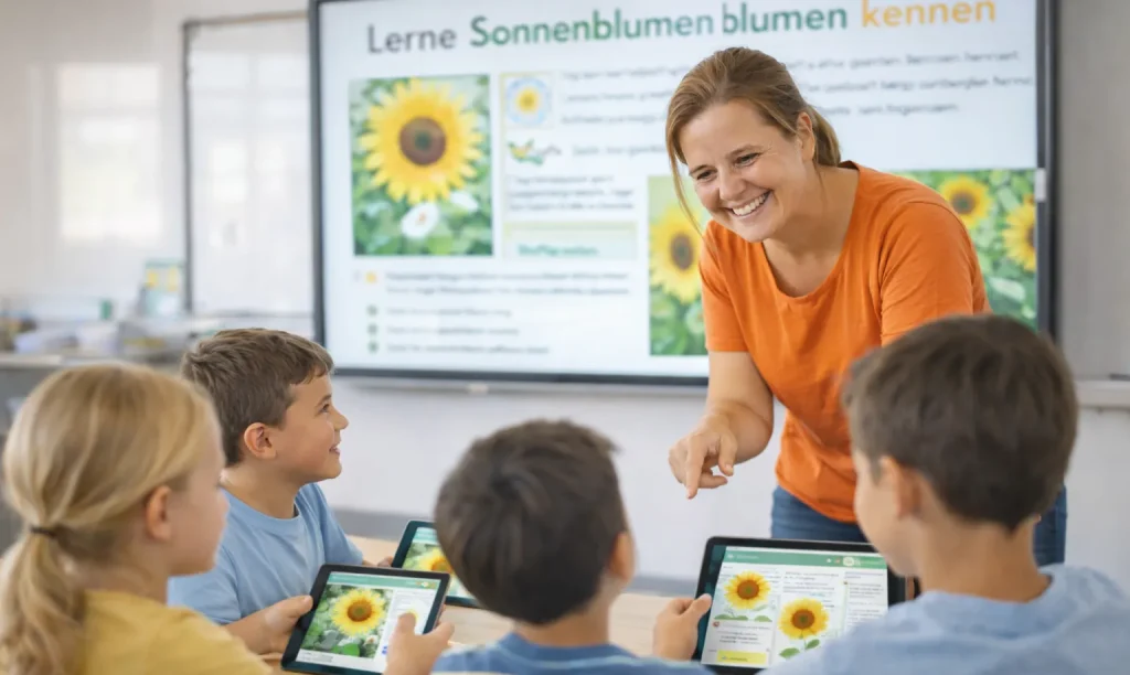 Lehrerin erklärt Schülern mit Tablets eine Unterrichtseinheit über Sonnenblumen im modernen Klassenzimmer